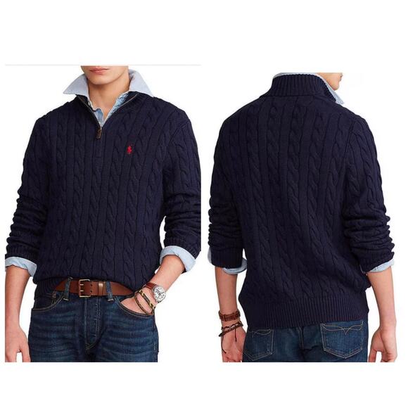 POLO Ralph Lauren Men's Cable Knit Cotton Quarter-Zip Sweater Navy Blue - XXL - Picture 1 of 9